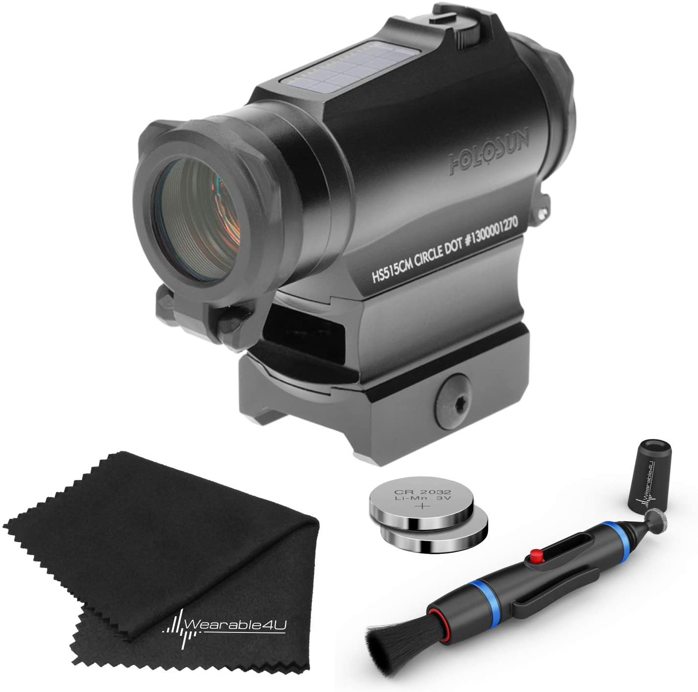 Holosun HS515CM Military Grade Micro Red Circle Dot Sight/Solar Panel/QD Mount Optics Lens Cleaning Pen, Extra Battery and Lens Cleaning Cloth Bundle