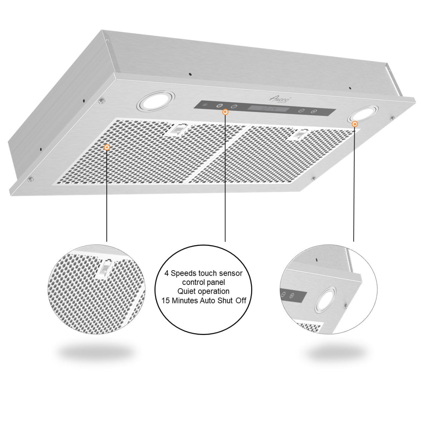 Awoco RH-IT08-R Ceiling Mount 14-1/2”D Super Quiet Split Stainless Steel Range Hood, 4-Speed, 1000 CFM, Mesh Filters, Remote Control with 8” Blower - RH-IT08-R30-COLD