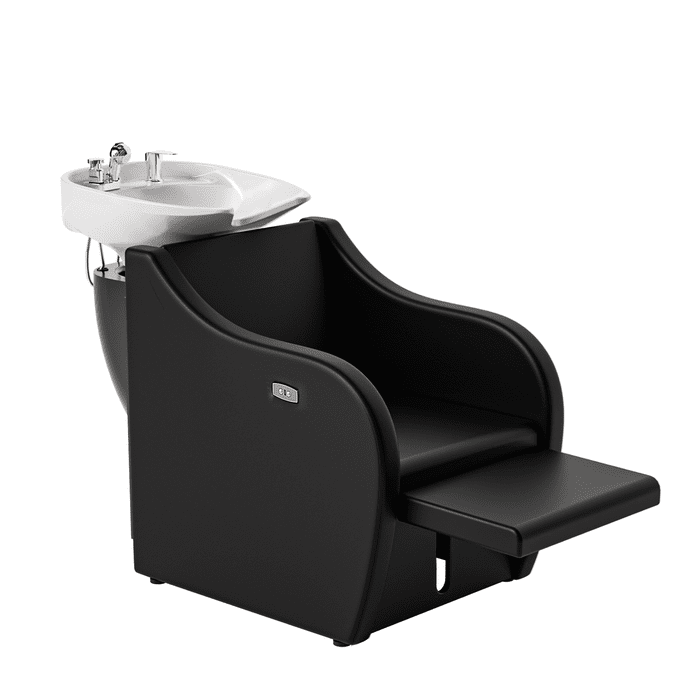 OmySalon BU1211 Electric Shampoo Bowl and Chair Backwash Unit with Reclining Legrest & Tilting Porcelain Shampoo Sink - G59000381+G59000382+G59000383