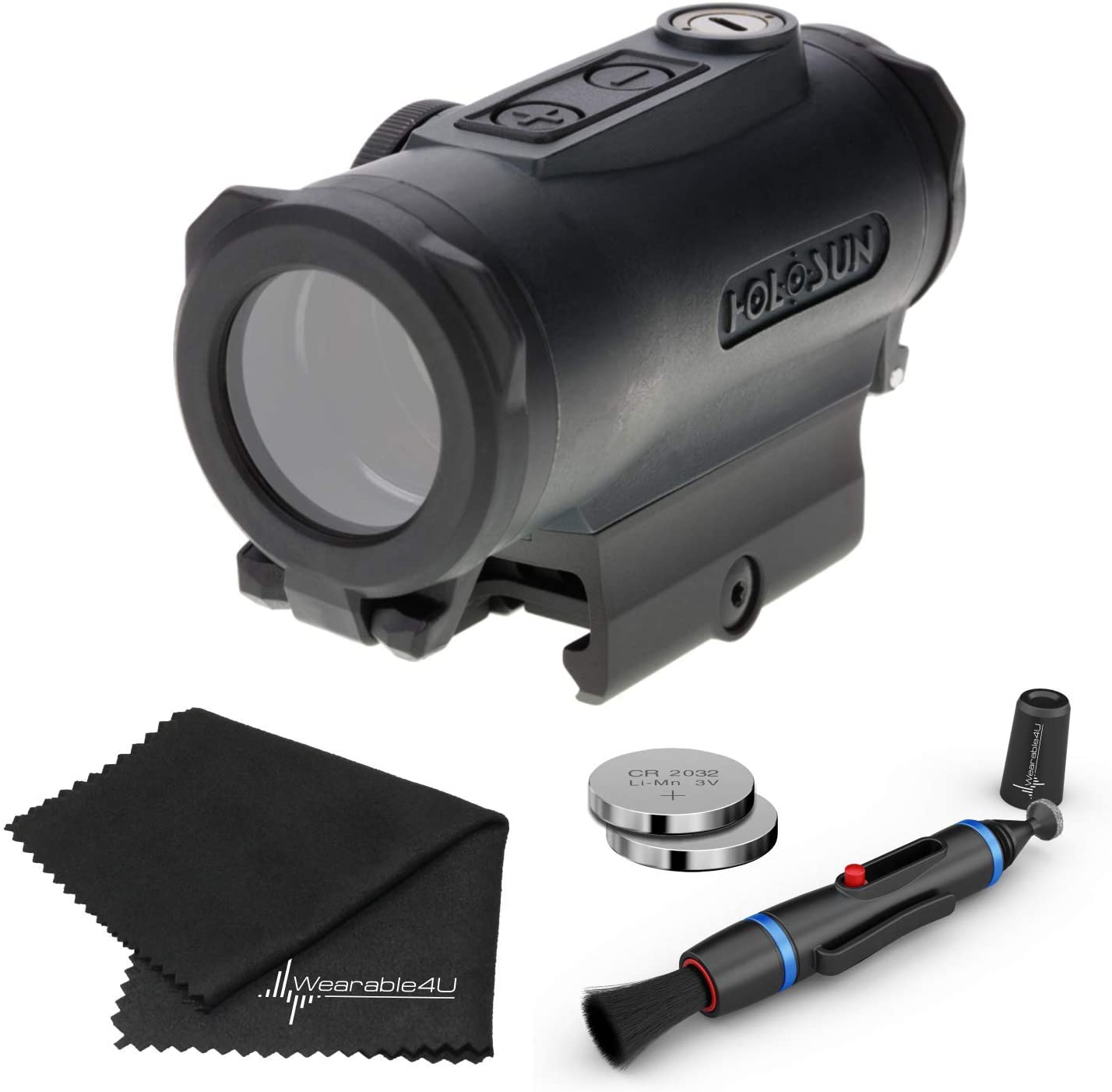 Holosun  Titanium Multi-Reticle Circle Green Dot 30mm Sight with Wearable4U Lens Cleaning Pen, Extra Battery and Lens Cleaning Cloth Bundle - HE530G-GR_Towel_W4U-LCP_2032