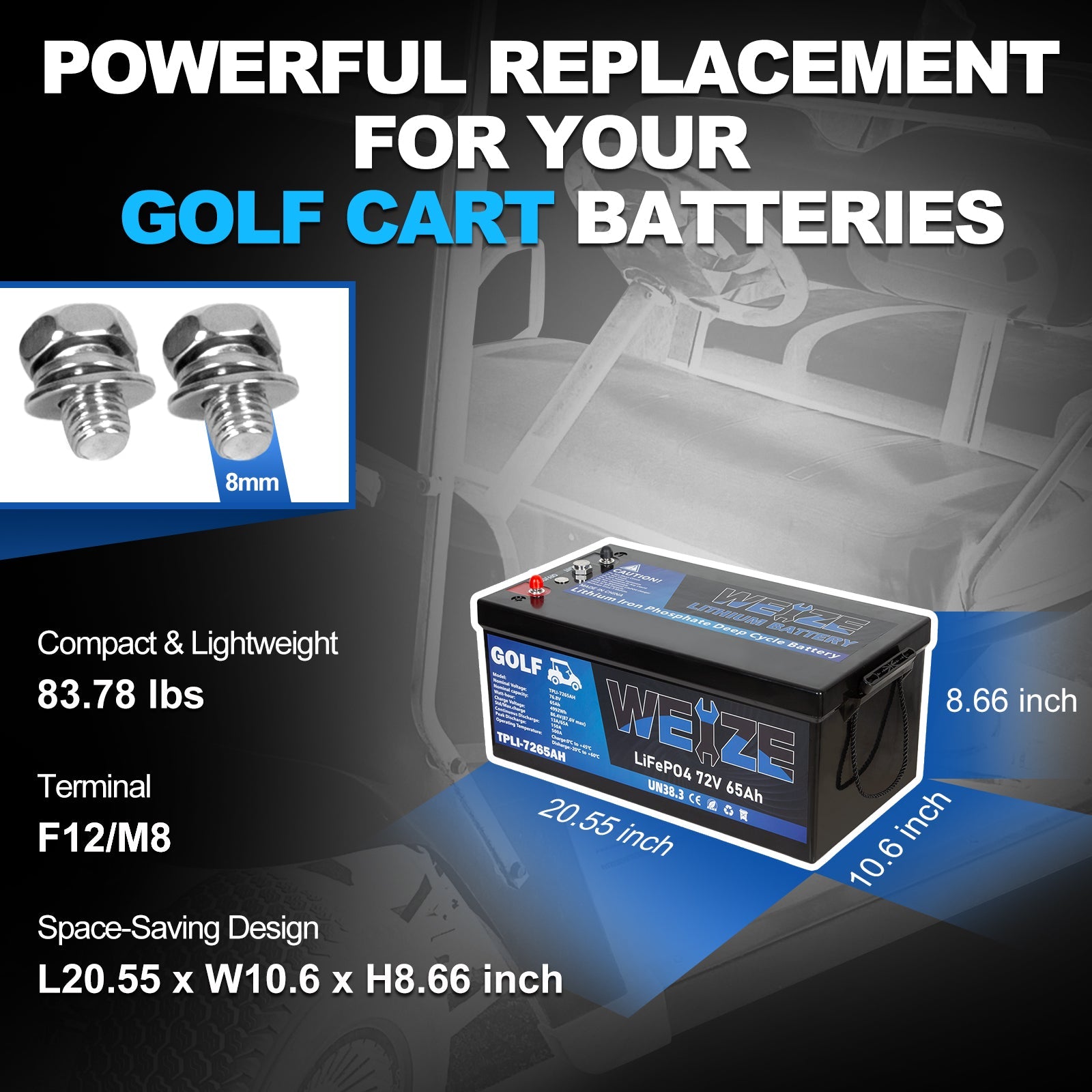 WEIZE 72V(76.8V) 65AH LiFePO4 Golf Cart Battery, 4992Wh Bluetooth Lithium Battery, 8000+ Cycles with 200A BMS, 10 Years Warranty - BAC-0118