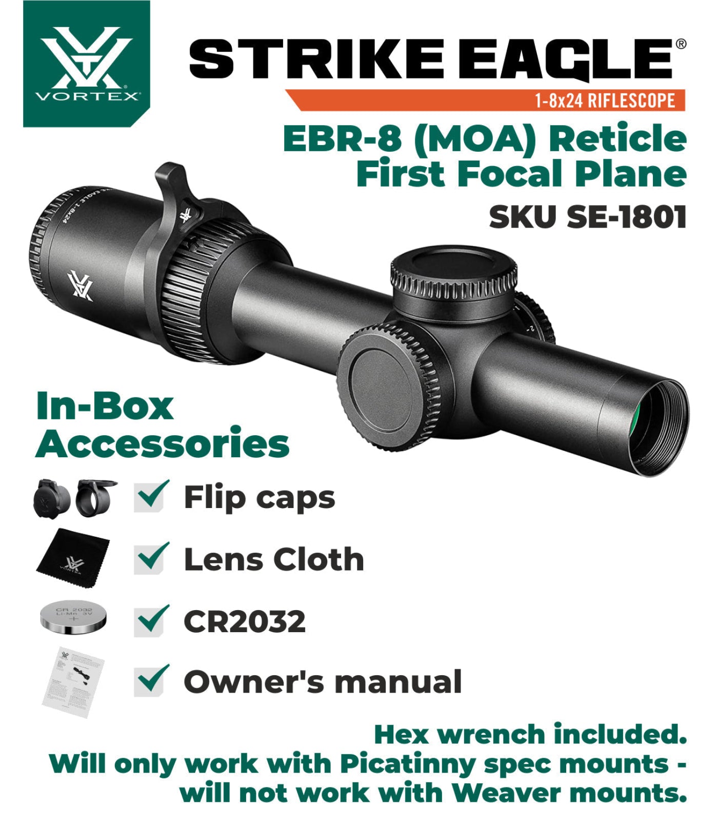 Vortex Optics Strike Eagle 1-8x24 EBR-8 MOA 30mm Riflescope - SE-1801