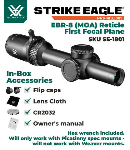 Vortex Optics Strike Eagle 1-8x24 EBR-8 MOA 30mm Riflescope - SE-1801