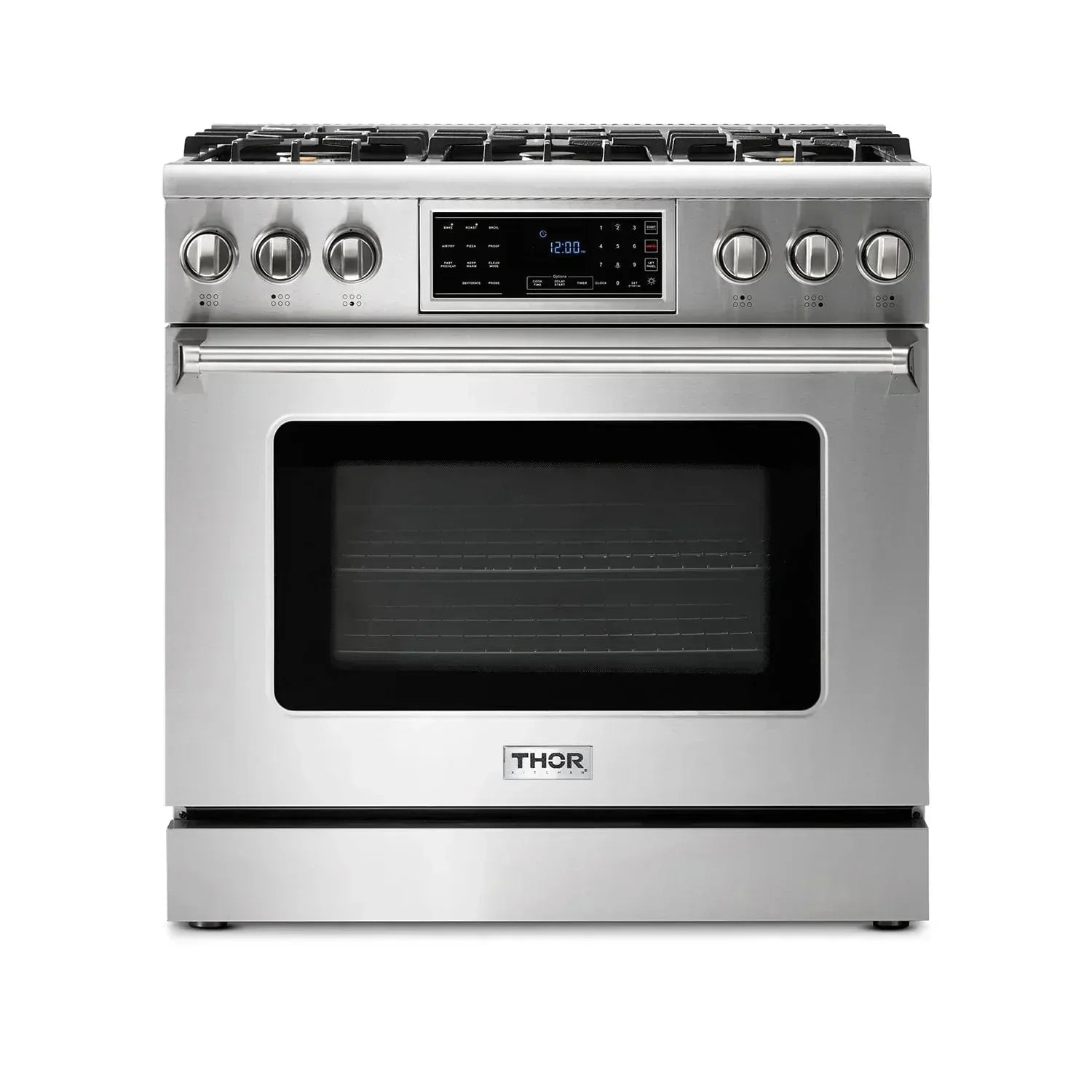 Thor Kitchen Appliance Package - 36 In. Gas Range, Range Hood, Refrigerator with Water and Ice Dispenser, Dishwasher, AP-TRG3601-W-7