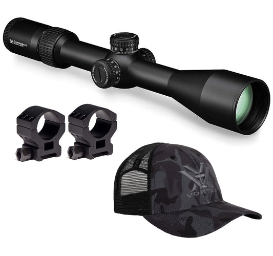 Vortex Optics Diamondback Tactical 6-24x50 EBR-2C (MOA) 30mm Tube Riflescope ( DBK-10028) with 30mm High Rings (1.18in) Set and Free Black Camo Hat Bundle - DBK-10028_TRH-2Pk_121-53-BCA