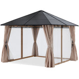 Mastercanopy 10x10 Outdoor Hardtop Gazebo Aluminum Frame Polycarbonate Top with Curtains and Netting - B0DHVKPJDR