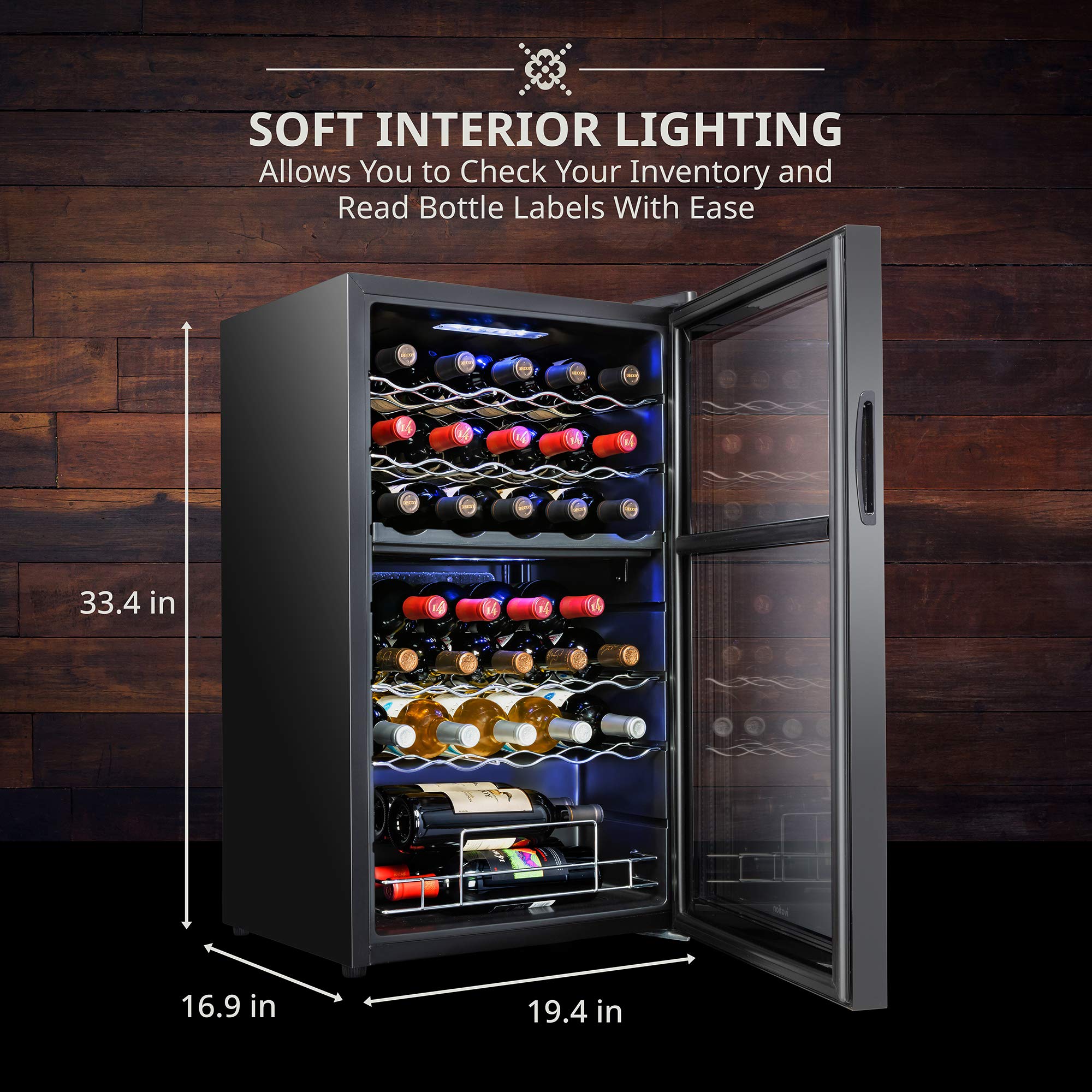 Ivation 33 Bottle Freestanding Wine Refrigerator, Dual Zone Wine Fridge with Lock, Black - IVFWCC331DLB