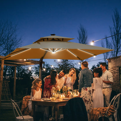 Outsunny 10ft. Solar LED Cantilever Umbrella, Offset Hanging Umbrella with 360¡ãRotation, Cross Base, 8 Ribs, Tilt and Crank for Yard, Khaki - 84D-184V01KK