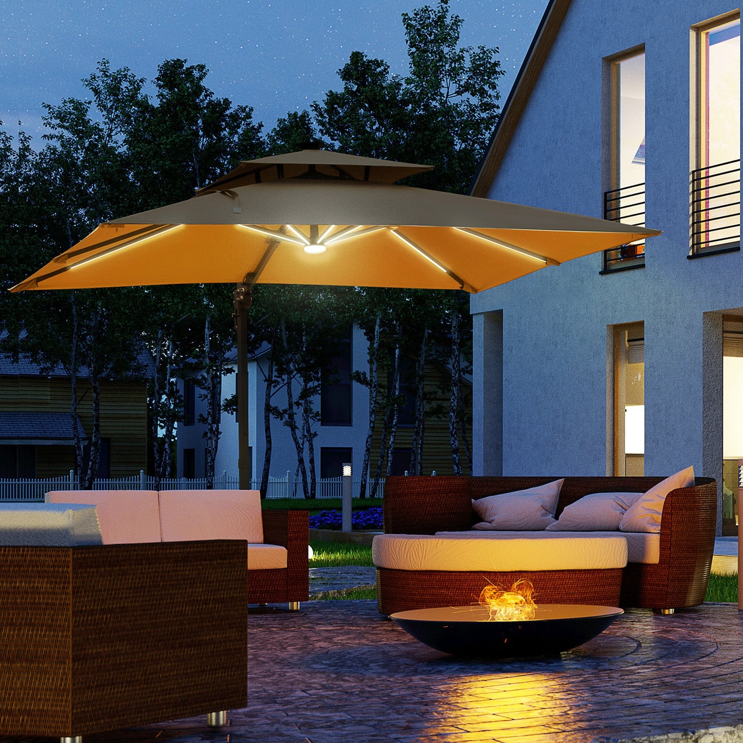 Outsunny 10ft. Solar LED Cantilever Umbrella, Offset Hanging Umbrella with 360¡ãRotation, Cross Base, 8 Ribs, Tilt and Crank for Yard, Khaki - 84D-184V01KK