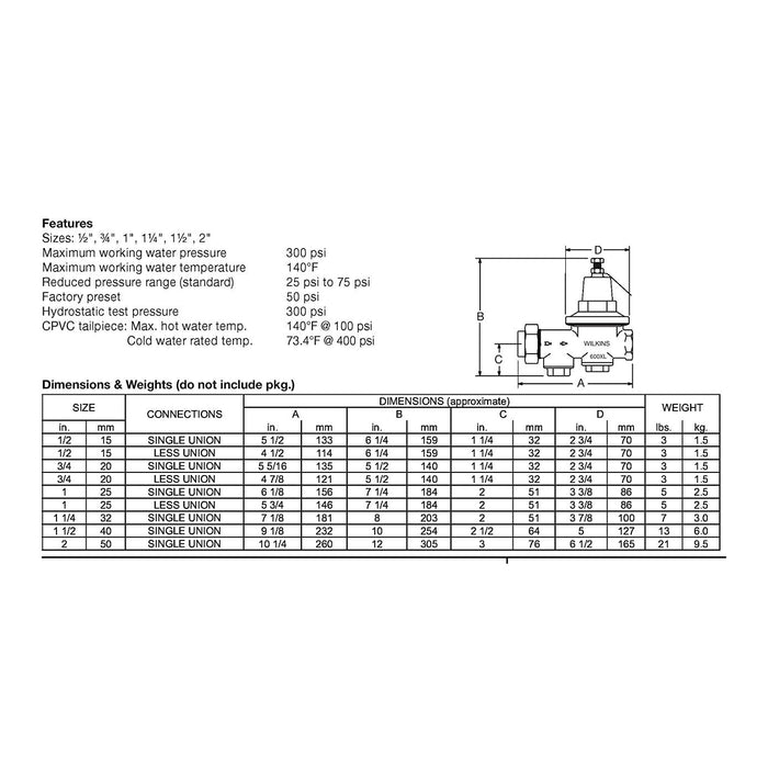 Zurn Pressure Reducing Valve 2-600XL