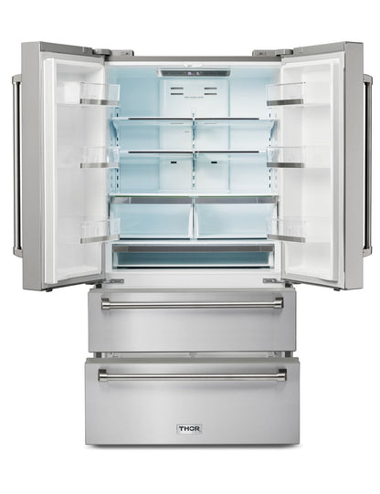 Thor Kitchen 4-Piece Appliance Package - 30-Inch Propane Gas Range, French Door Refrigerator, Wall Mount Hood, and Dishwasher in Stainless Steel - APR4-LRG30B-LP