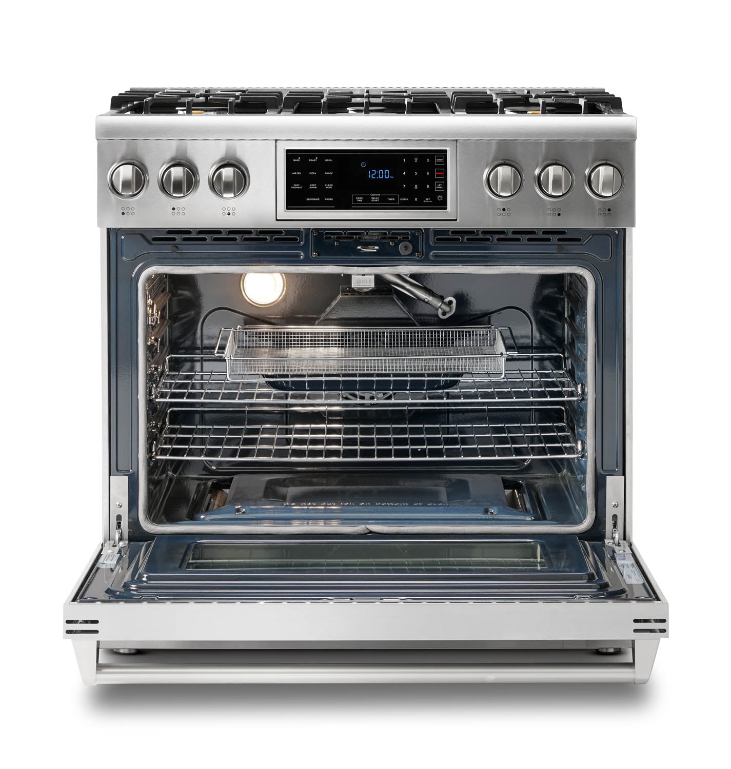 Thor Kitchen 5-Piece Appliance Package - 36-Inch Propane Gas Range, Tilt Panel, Refrigerator with Water Dispenser, Wall Mount Hood, Dishwasher, & Microwave Drawer in Stainless Steel - APW5-TRG36B-LP