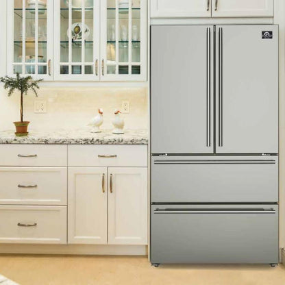 Forno 5-Piece Appliance Package - 30-Inch Gas Range with Air Fryer, Refrigerator, Wall Mount Hood, 24-Inch Microwave Oven, & 3-Rack Dishwasher in Stainless Steel - APR5-6276-30-H-MWO