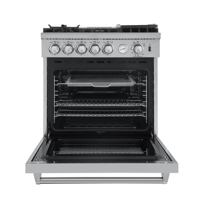 Forno 4-Piece Appliance Package - 30-Inch Gas Range with Air Fryer, Refrigerator with Water Dispenser, Wall Mount Hood, & 3-Rack Dishwasher in Stainless Steel - APW4-6276-30-H
