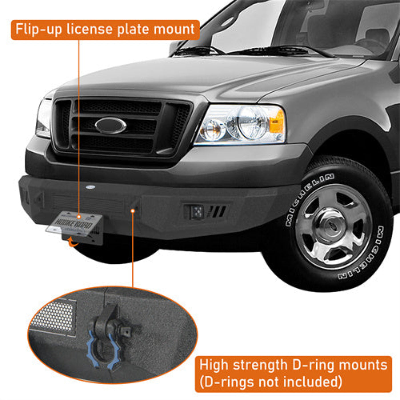 2004-2008 Ford F-150 Front Bumper w/ Spotlights & D-rings - Hooke Road - HE.8008