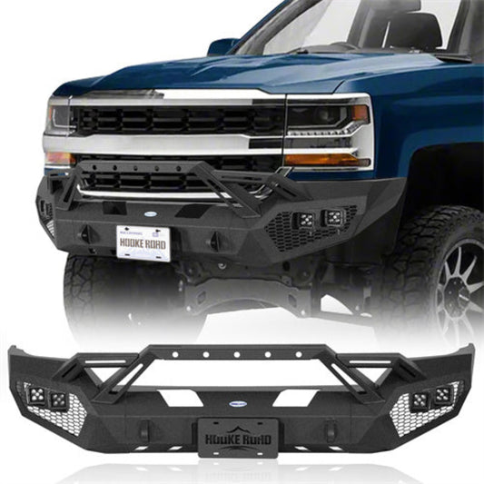 Front Bumper w/ Winch Plate & 4 × LED Lights (16-18 Chevy Silverado 1500) - Hooke Road - HE.9038A+HE.9038B