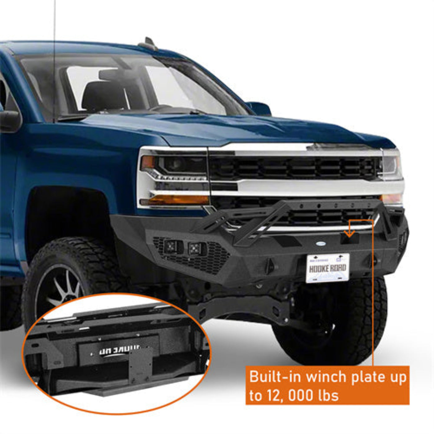 Front Bumper w/ Winch Plate & 4 × LED Lights (16-18 Chevy Silverado 1500) - Hooke Road - HE.9038A+HE.9038B