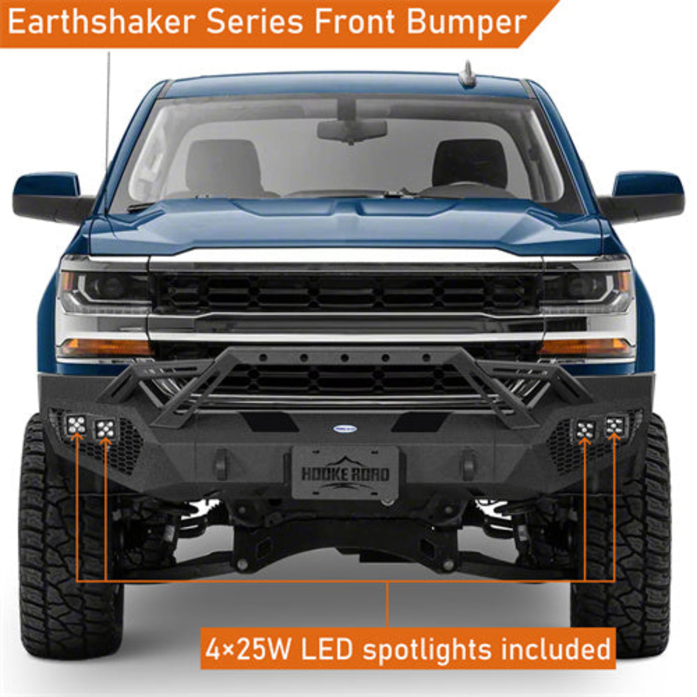 Front Bumper w/ Winch Plate & 4 × LED Lights (16-18 Chevy Silverado 1500) - Hooke Road - HE.9038A+HE.9038B