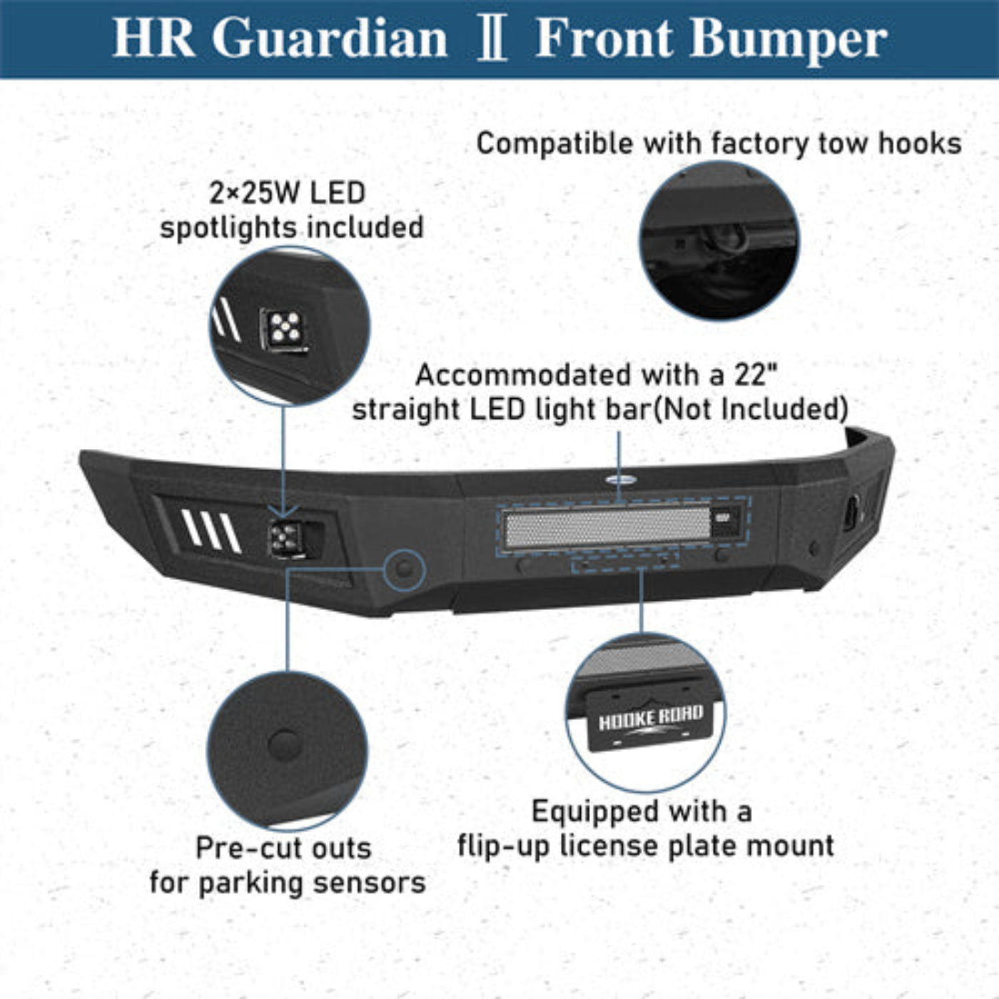 2019-2023 Ford Ranger Front Bumper w/LED Spotlights -Hooke Road - HE.8804