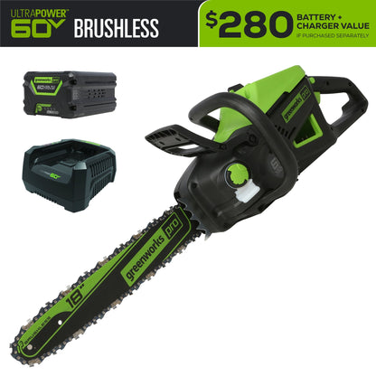 Greenworks 60V 18" Cordless Battery 2.0kW Chainsaw w/ 4.0 Ah Battery & Charger - 2019302