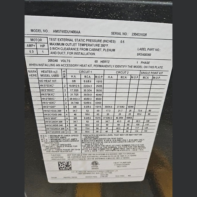 The Furnace Outlet Scratch and Dent Goodman 5 Ton Multi-Positional Air Handler with Multi-Speed ECM Motor AMST60DU1400 - 2304331528