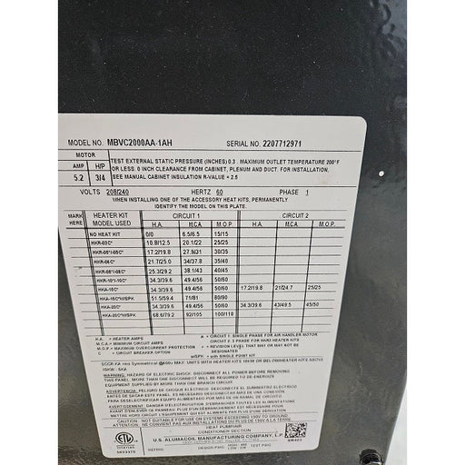 The Furnace Outlet Scratch and Dent Goodman 68,240 BTU 20 kW Electric Furnace with 2,000 CFM MODEL MBVC2000AA-1 - 2207712971