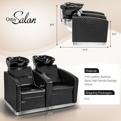 OmySalon BU1911 2-Seater Shampoo Bowl and Chair Backwash Unit with 2 Large Ceramic Sinks & Stainless Steel Base -   G59000784
