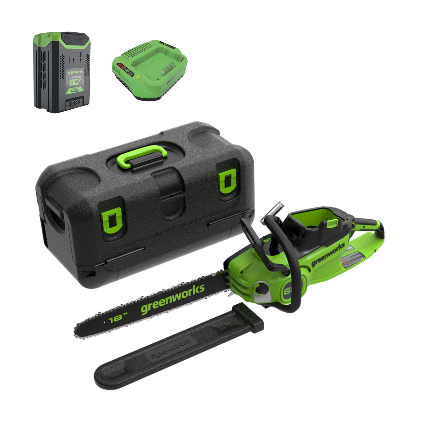 Greenworks 60V 18"Cordless Battery  2.0KW Chainsaw and Hard Case w/ 4Ah Battery and Charger - 2028502