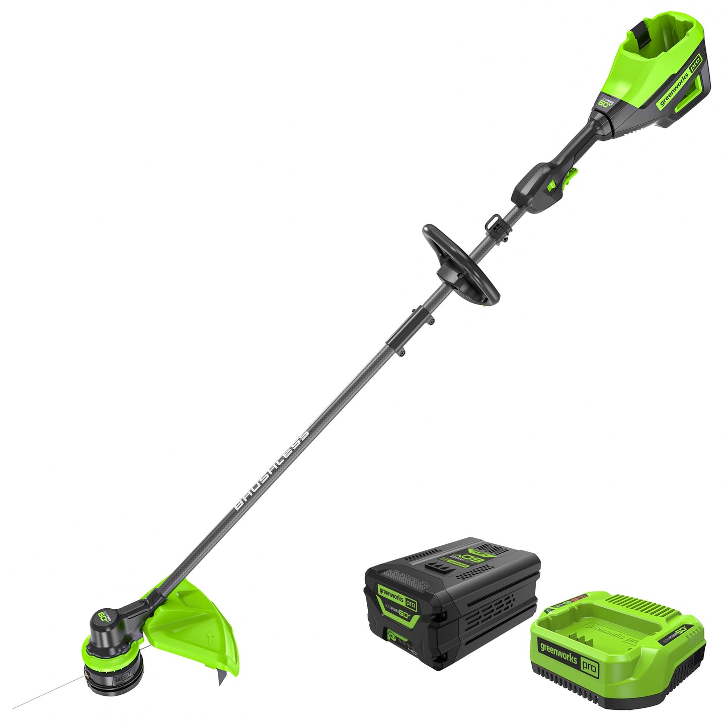 Greenworks 60V 17" Cordless Battery Brushless String Trimmer w/ Carbon Fiber Shaft w/ 4.0Ah Battery & Charger - 2132002