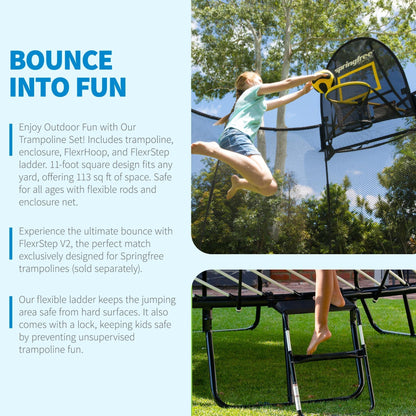 Springfree Outdoor Square 11 Foot Trampoline, Enclosure, Hoop Game, and Ladder - 215879