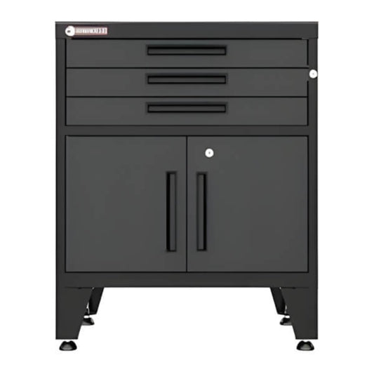 Armadillo Tough Black 3-Drawer 2-Door Cabinet Base Cabinet with Rubber Work Mat - AR3DR28BB