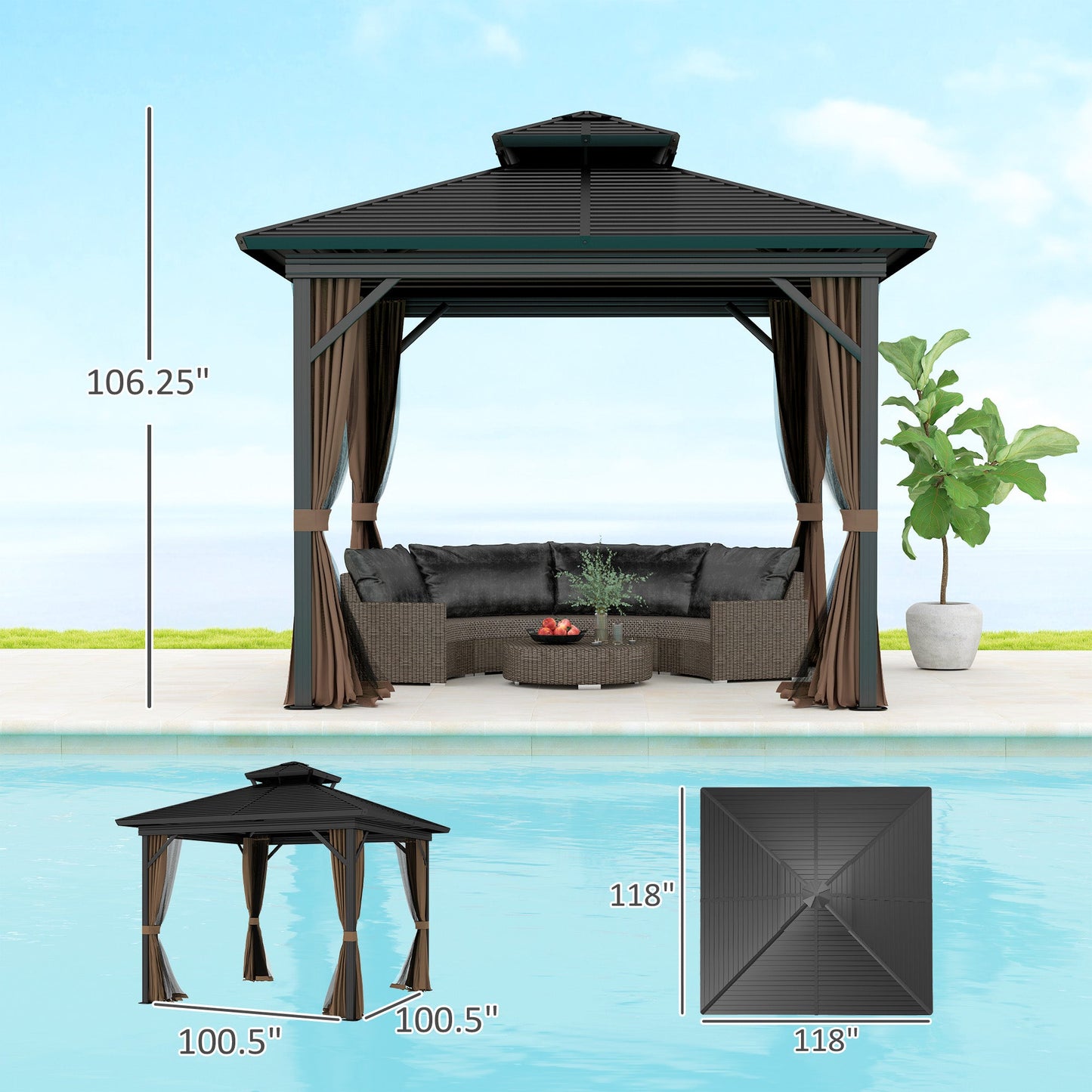 Outsunny 10' x 10' Hardtop Gazebo with Aluminum Frame, Doublel Roof & Curtains, Dark Brown - 84C-145V08DR