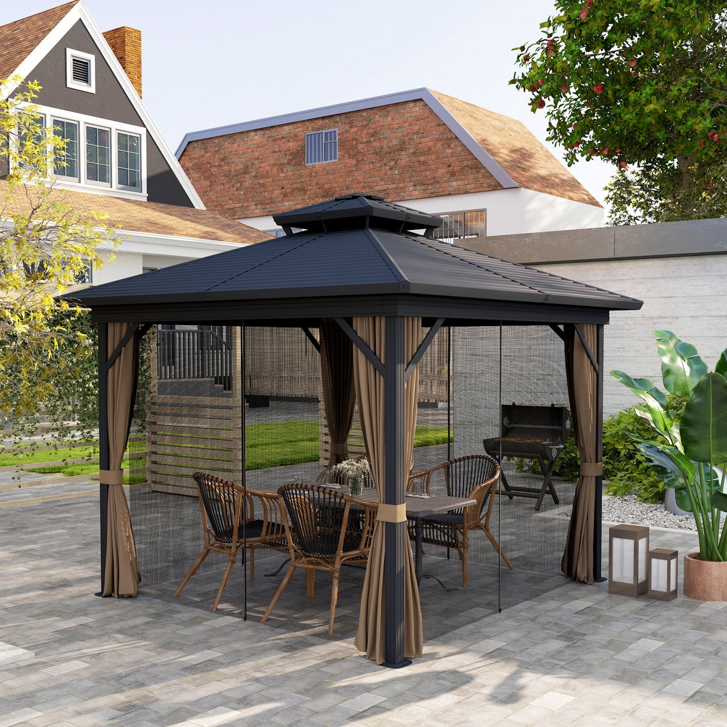 Outsunny 10' x 10' Hardtop Gazebo with Aluminum Frame, Doublel Roof & Curtains, Dark Brown - 84C-145V08DR