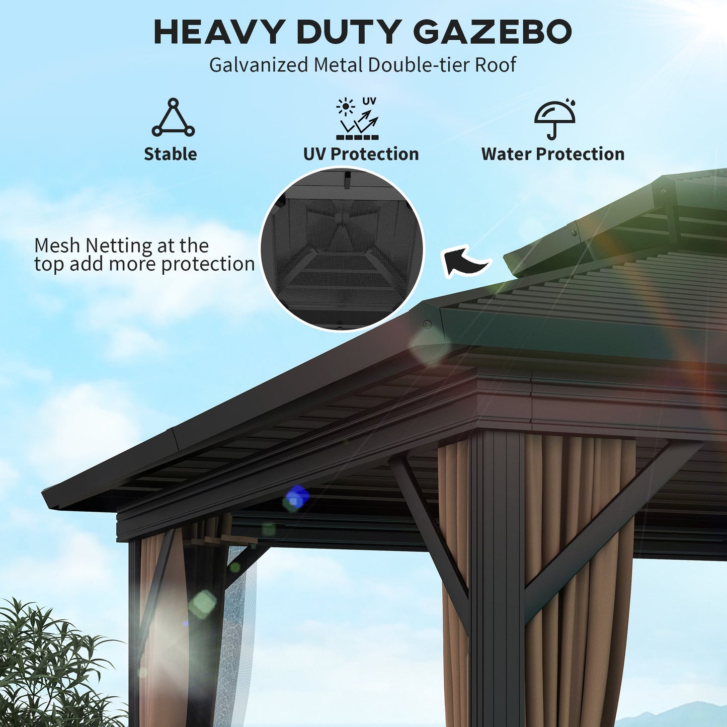 Outsunny 10' x 10' Hardtop Gazebo with Aluminum Frame, Doublel Roof & Curtains, Dark Brown - 84C-145V08DR