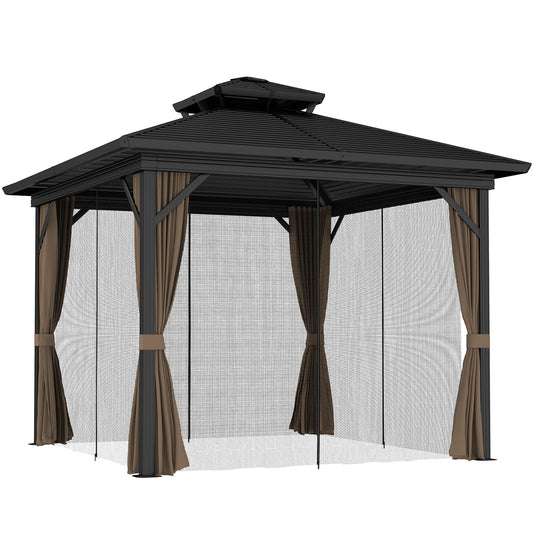 10' x 10' Hardtop Gazebo with Aluminum Frame, Doublel Roof & Curtains, Dark Brown