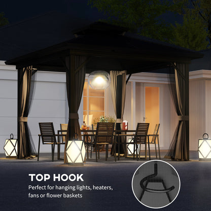 Outsunny 10' x 10' Hardtop Gazebo with Aluminum Frame, Doublel Roof & Curtains, Dark Brown - 84C-145V08DR
