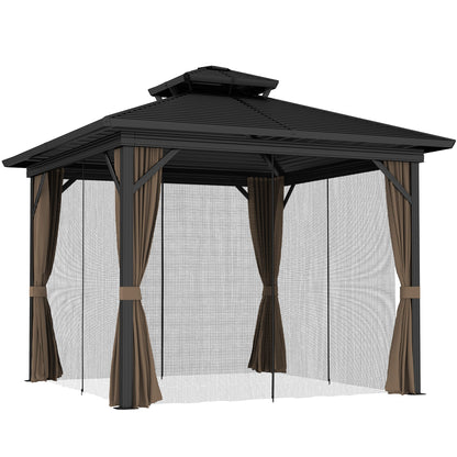 Outsunny 10' x 10' Hardtop Gazebo with Aluminum Frame, Doublel Roof & Curtains, Dark Brown - 84C-145V08DR