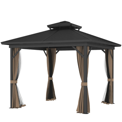 Outsunny 10' x 10' Hardtop Gazebo with Aluminum Frame, Doublel Roof & Curtains, Dark Brown - 84C-145V08DR