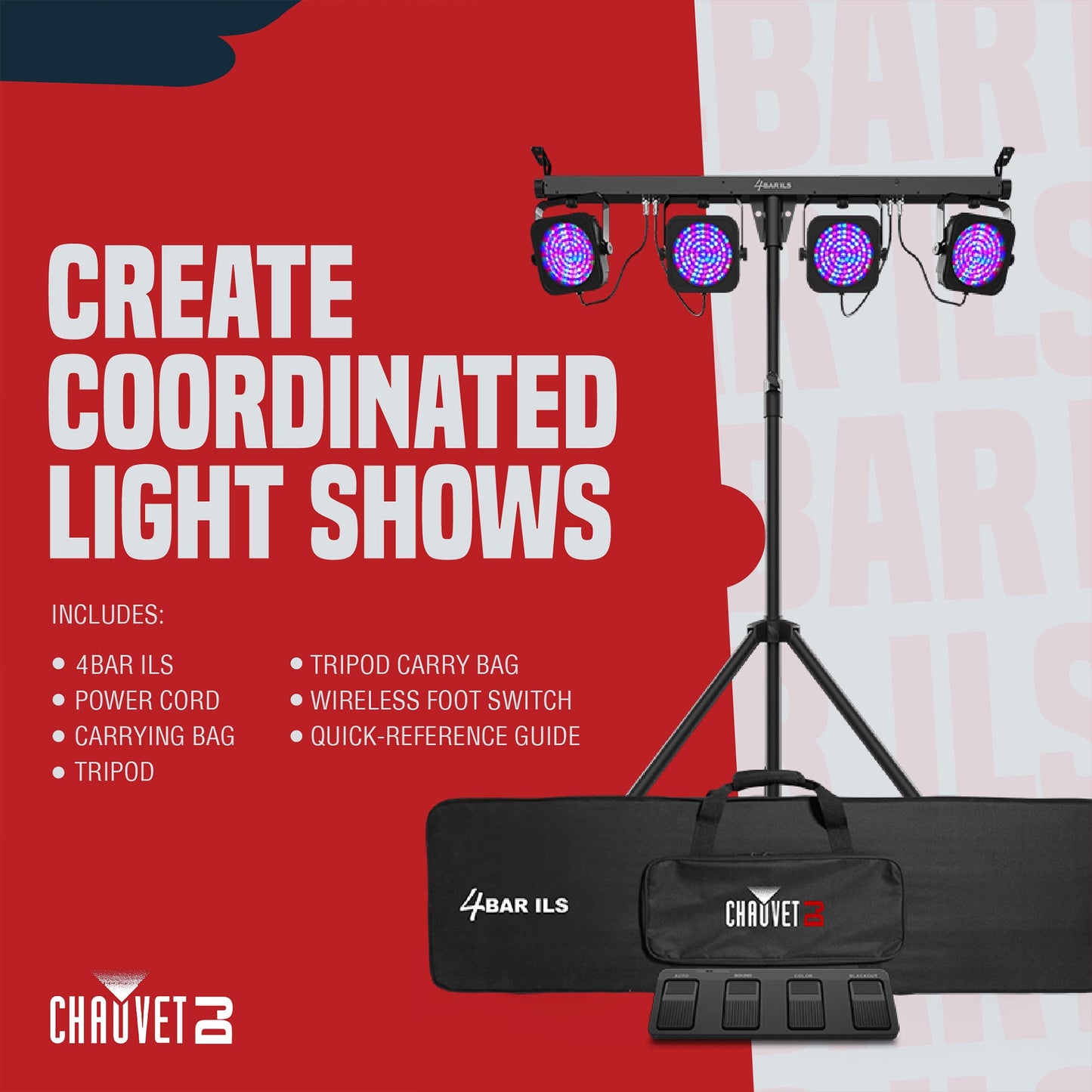 CHAUVET 4 BAR 4BAR DMX LED Stage Wash Light System w/ Case, Foot Switch & Tripod - 23916