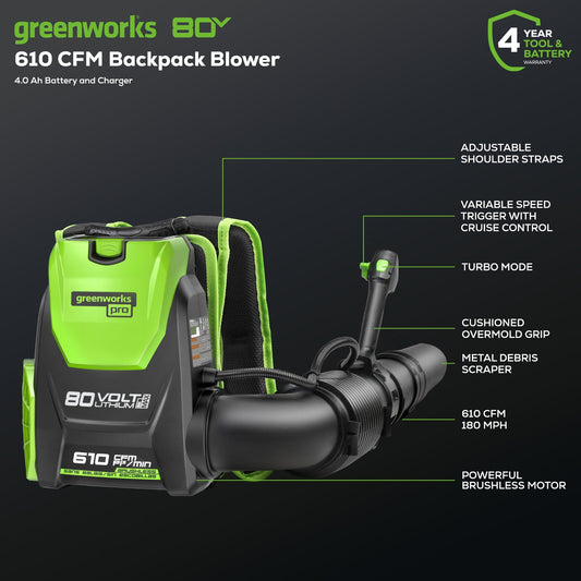 Greenworks 80V 610 CFM Cordless Battery Single Port Backpack Blower w/ (1) 4.0Ah Battery & Charger - 2420502