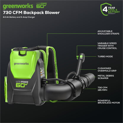 Greenworks 60V 730 CFM Cordless Battery Brushless Backpack Blower w/ 8.0Ah Battery & Charger - 2427702