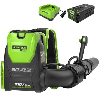 Greenworks 80V 610 CFM Cordless Battery Backpack Blower w/5Ah Battery and Rapid Charger - 2429202