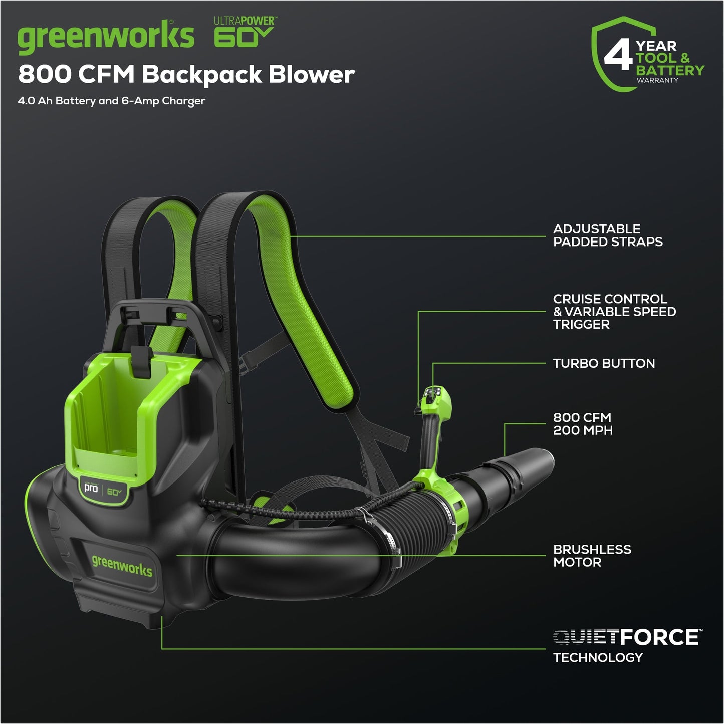 Greenworks 60V 800 CFM Cordless Battery Brushless Backpack Blower w/ 4.0Ah Battery & Charger - 2436202