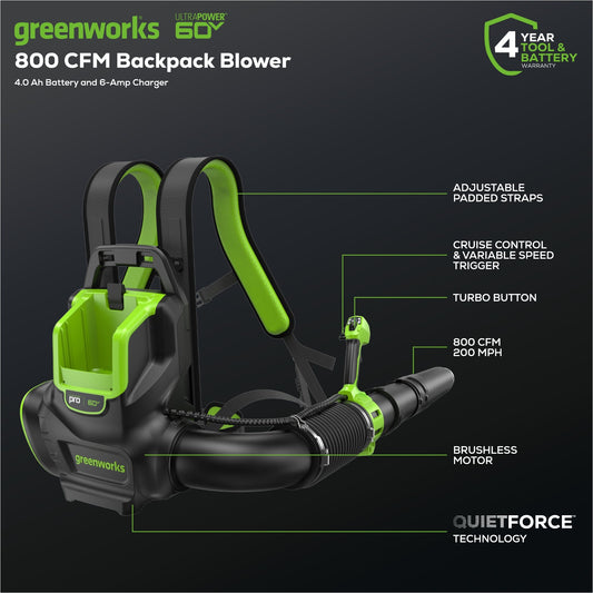 Greenworks 60V 800 CFM Cordless Battery Brushless Backpack Blower w/ 4.0Ah Battery & Charger - 2436202