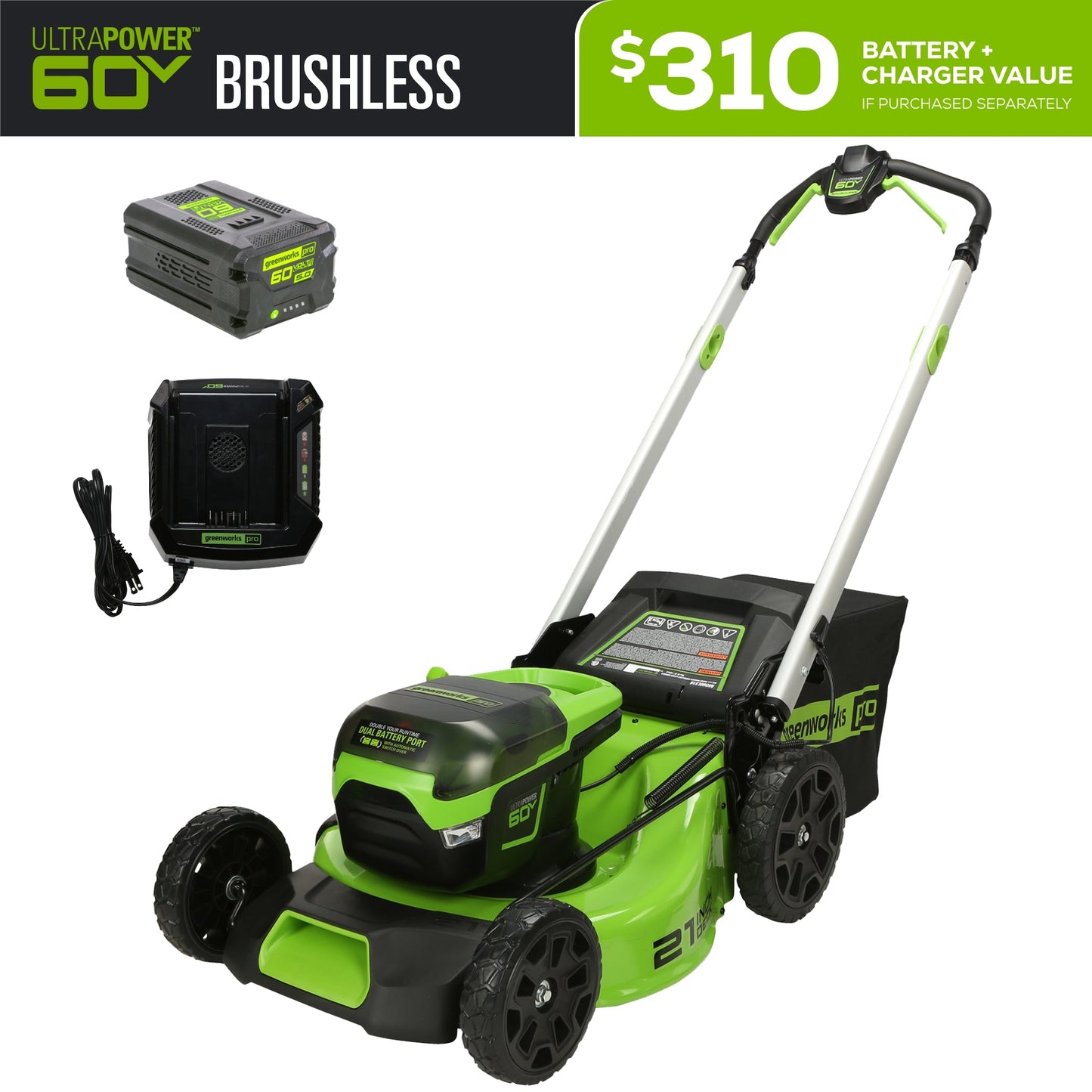 Greenworks RENEWED 60V 21" Cordless Battery Push Lawn Mower w/ 5.0Ah Battery & Charger - 2531602VT-OB