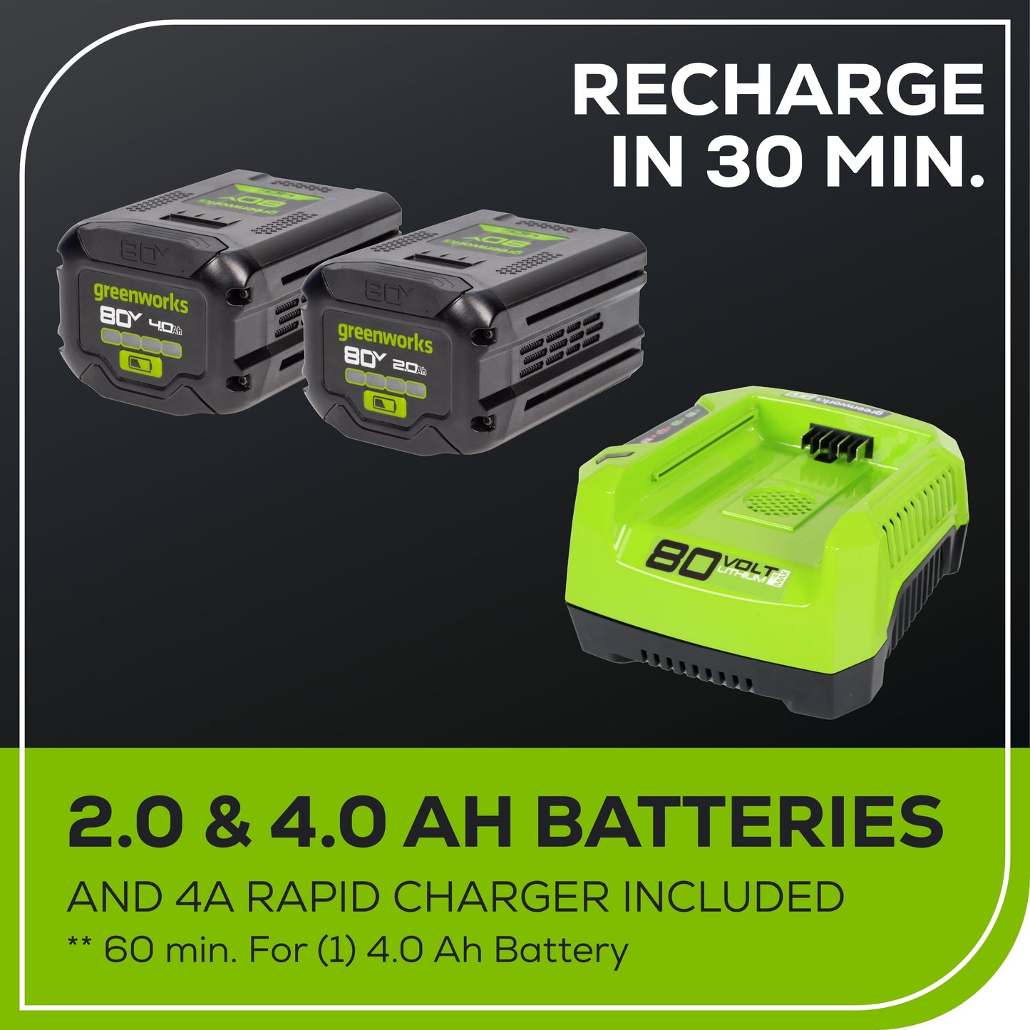 Greenworks 80V 21" Cordless Battery 4-in-1 Self-Propelled Lawn Mower w/ 4.0Ah, 2.0Ah Battery & Rapid Charger - 2544502