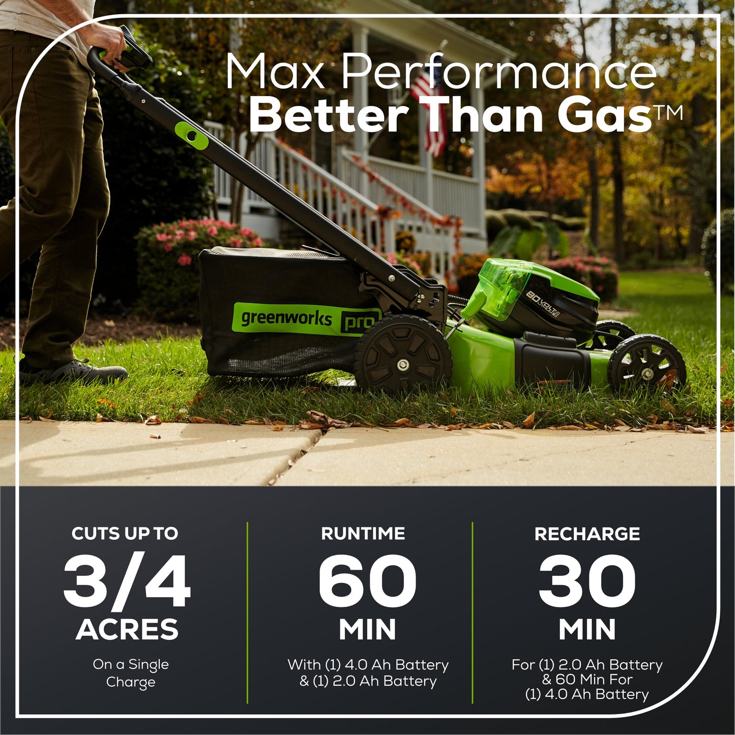 Greenworks RENEWED 80V 21" Cordless Battery 4-in-1 Self-Propelled Lawn Mower w/ 4.0Ah, 2.0Ah Battery & Rapid Charger - 2544502-OB