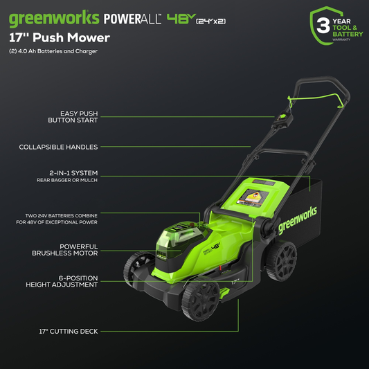 48V (24V x 2) 17" Push Cordless Lawn Mower, 320CFM Leaf Blower & 12" String Trimmer Combo Kit w/ (2) 4.0 Ah USB Batteries