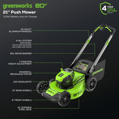 Greenworks 80V 21" Cordless Battery 4-in-1 Push Lawn Mower w/ 5.0Ah Battery & 4A Charger - 2552002