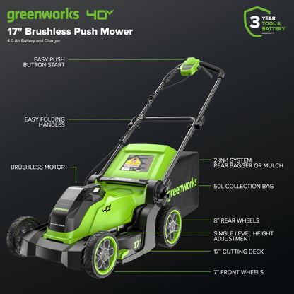Greenworks 40V 17" Cordless Battery Brushless Push Lawn Mower w/ 4.0Ah Battery & Charger - 2552802